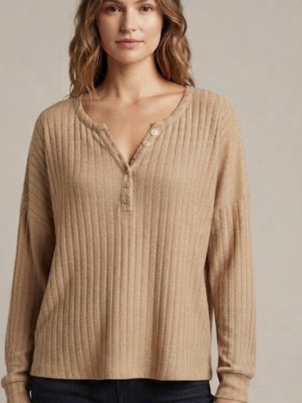 AnyBody Tan Ribbed Henley Tunic